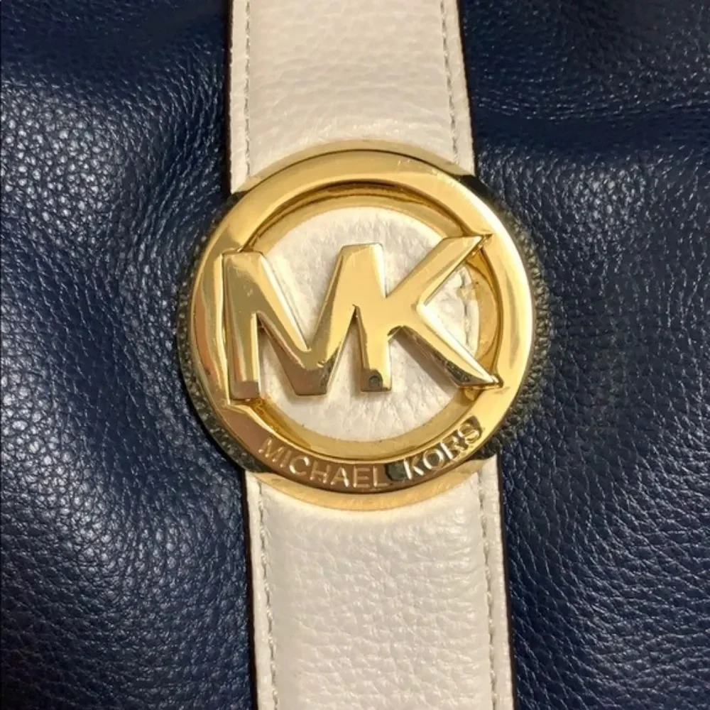 Michael Kors MK Hudson Navy Blue White Satchel Purse Handbag